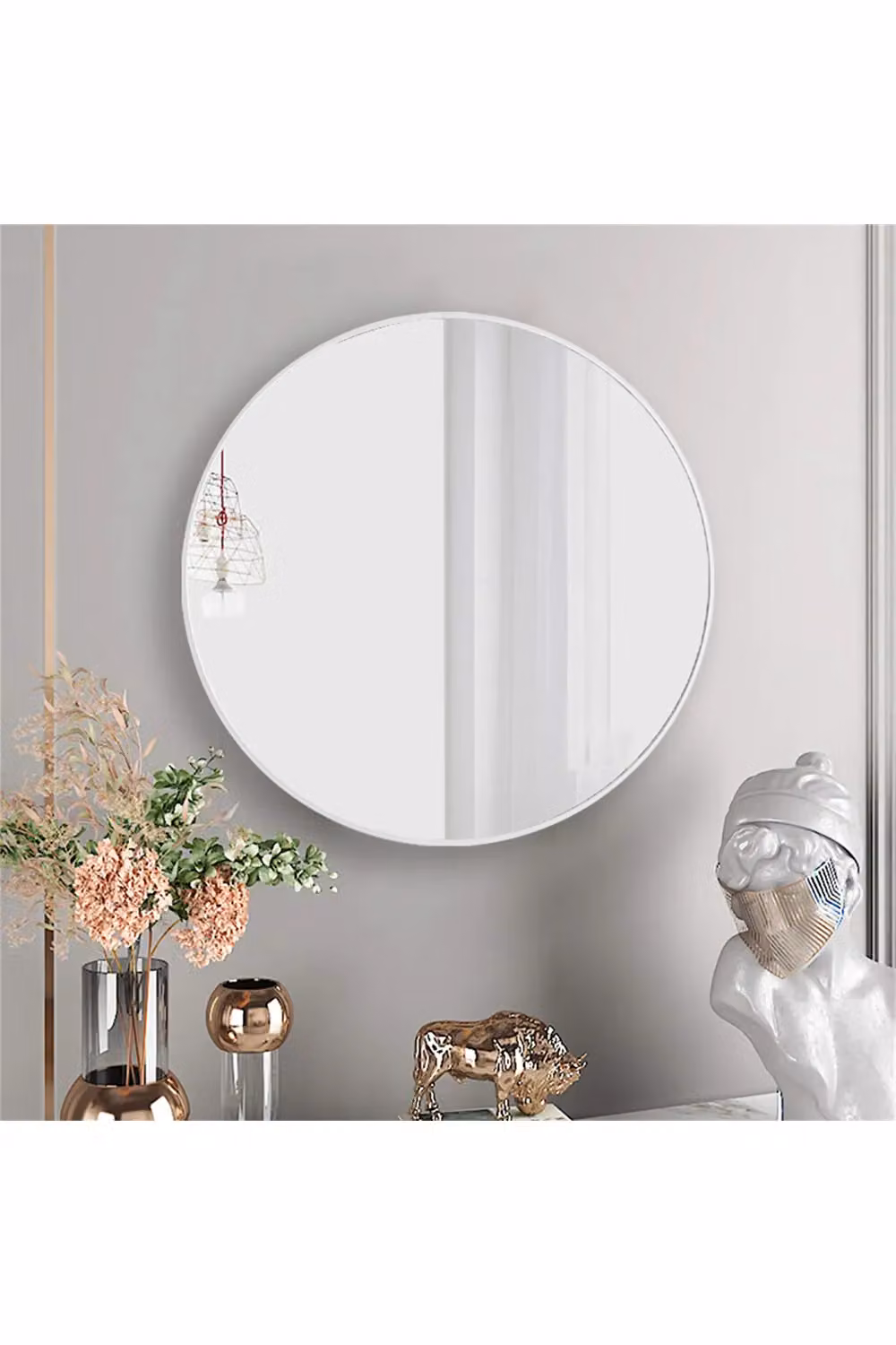 Living and Home Nordic Round Wall Mirror with White Metal Frame, Diameter: 50 cm – 3
