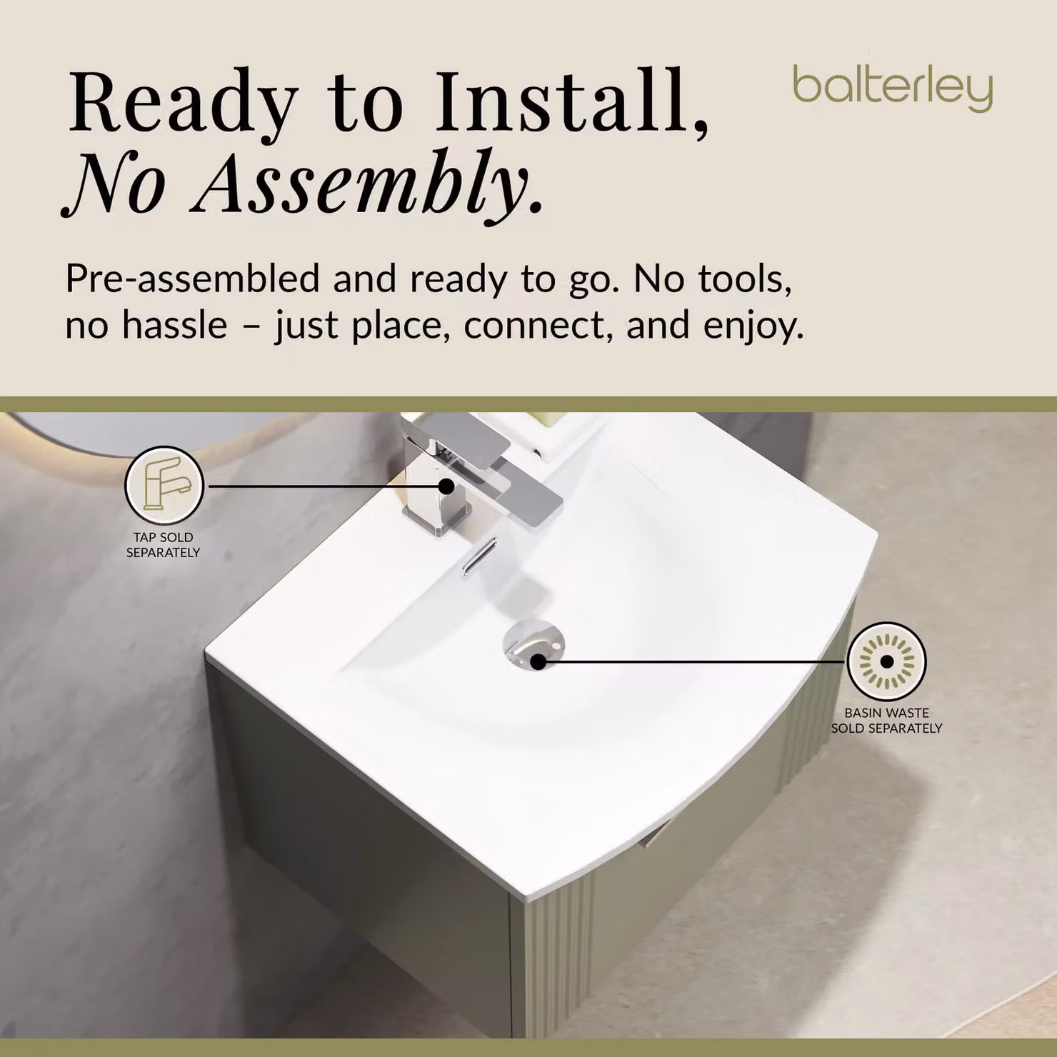 Balterley Wall Hung 1 Drawer Vanity Unit with Curved Basin, Satin Green, Width: 50 cm – 3