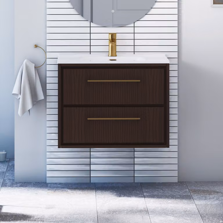 Royal Bathrooms Livora 700mm Walnut Woodgrain Wall Hung 2 Drawer Vanity Unit with Ceramic Basin and Brushed Brass Handle