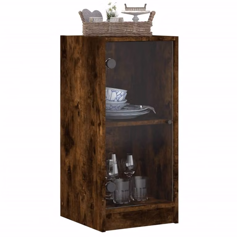 Berkfield Home Side Cabinet with Glass Doors in Smoked Oak Brown, W/D/H: 35 x 37 x 75.5 cm
