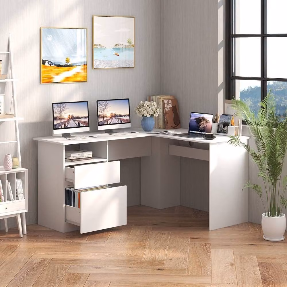 Costway Modern L-Shaped Corner Computer Desk in White with Drawers and Grommet – 3