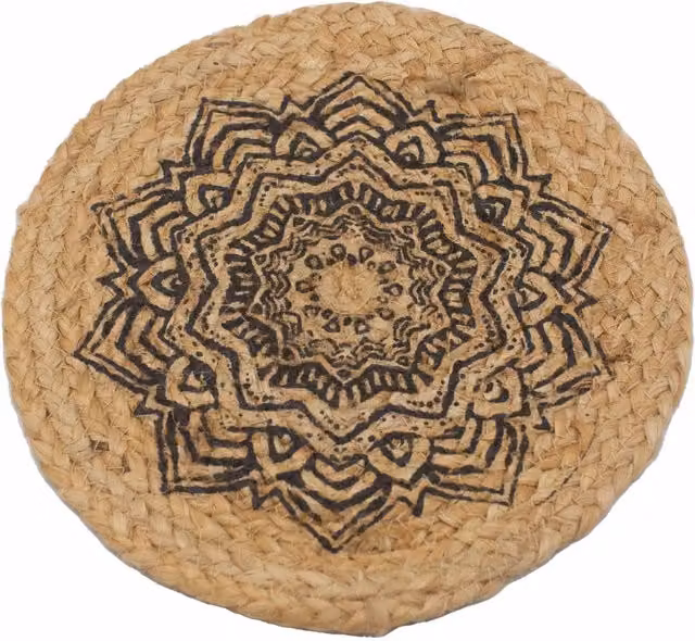 KDMK Set of 4 Round Brown Jute Mandala Place Mats with Boho Graphic Design