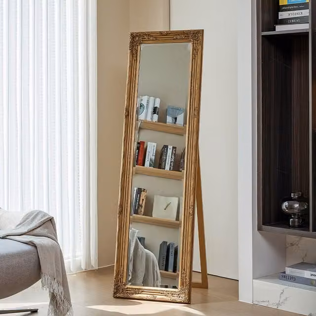 Livingandhome Contemporary Gold Carved Full Length Freestanding Rectangular Mirror