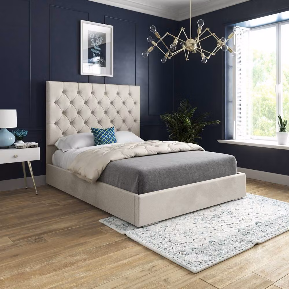 Casani Craster Upholstered Velvet Designer Bed Frame in Beige, W/D/H: 200 x 137 x 189 cm – 2