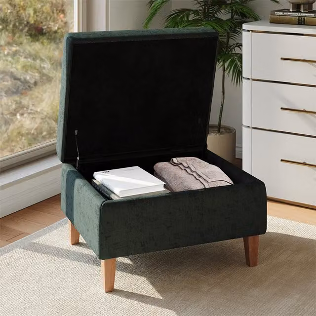 Livingandhome Green Fabric Upholstered Storage Bench with Rubberwood Legs