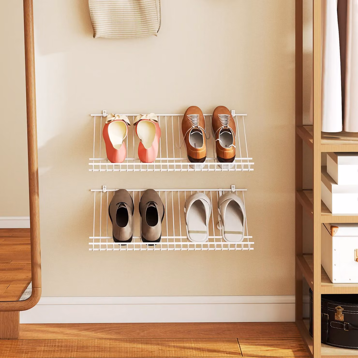 Gymax Set of 2 White Metal Wire Wall Mounted Shoe Racks – 3