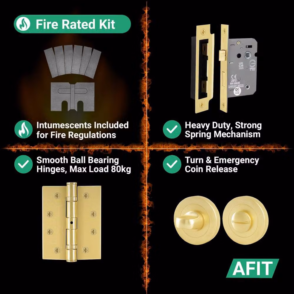 AFIT Boston Satin Brass Bathroom Fire Door Handle Set with WC Lock and Hinges in Gold, Size: 150 x 150 mm – 3