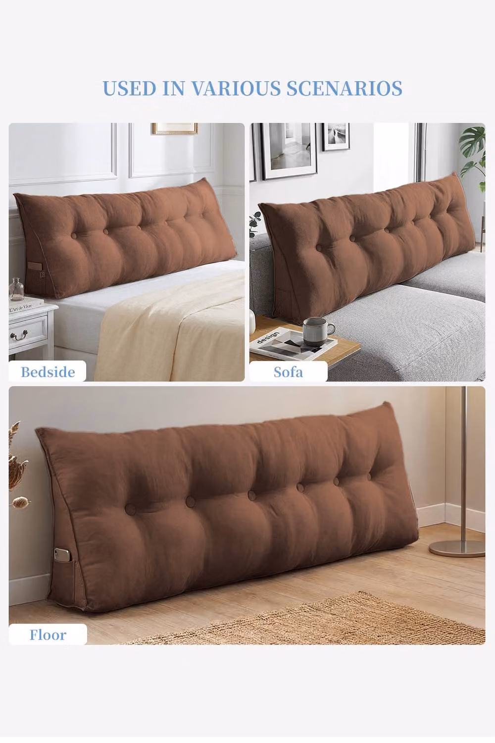 Living and Home Brown Washable Wedge Headboard Pillow with Storage Pocket – 4