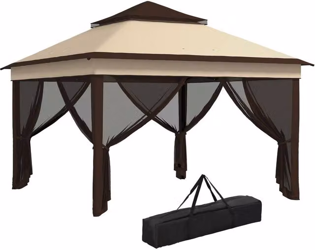Matteo Beige Pop Up Gazebo with Mesh Walls and UPF 30+ Protection, W/D/H: 326 x 326 x 272 cm
