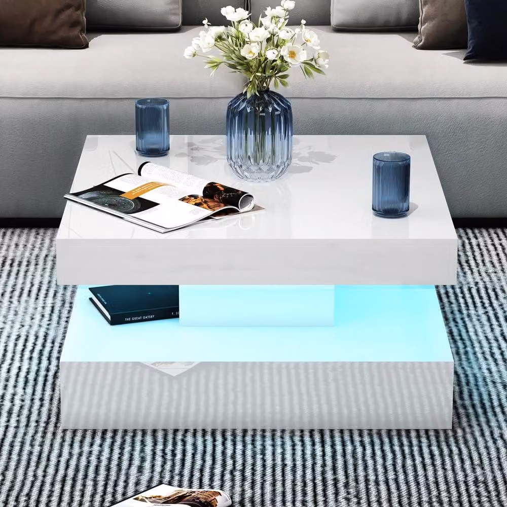 KEEPREAPER Modern Square Coffee Table with Storage and LED Light in White, W/D/H: 78 x 78 x 40 cm – 6