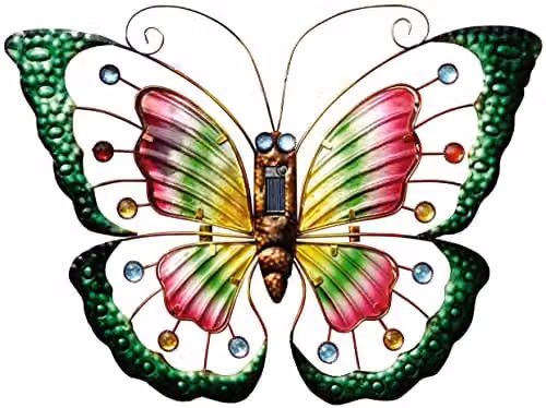 mysmartbuy Butterfly Solar Powered Light Decoration, Multicoloured Metal and Glass Outdoor Garden Hanging Ornament, H: 40 cm, W: 57 cm