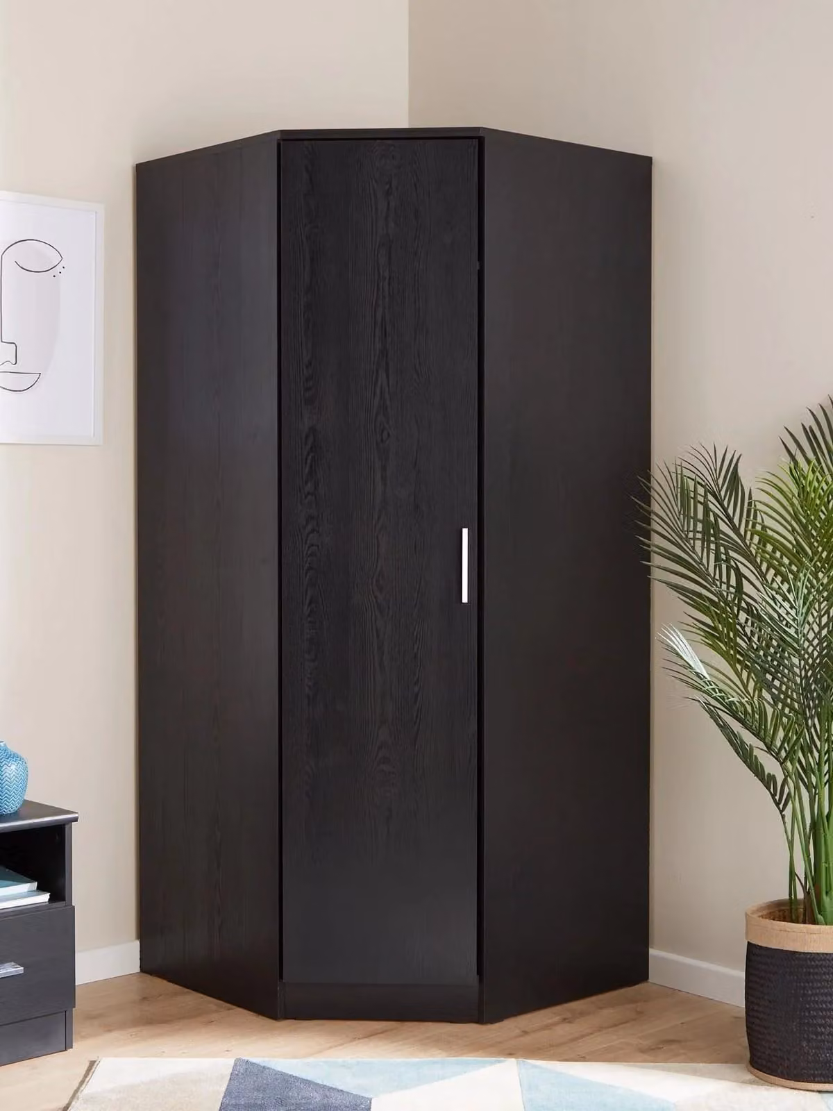 Cheap Furniture Warehouse Panama Modern Black Corner Wardrobe with Hinged Doors, H 181 cm x W 80.4 cm x D 80.4 cm