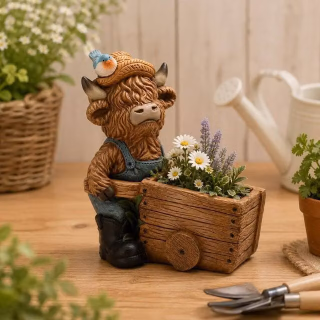 Country Living Highland Cow Ornamental Outdoor Planter in Brown