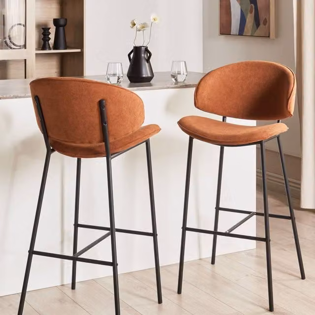 Wyld and Coco Set of 2 Orange Fabric Dining Bar Chairs with Black Metal Frame