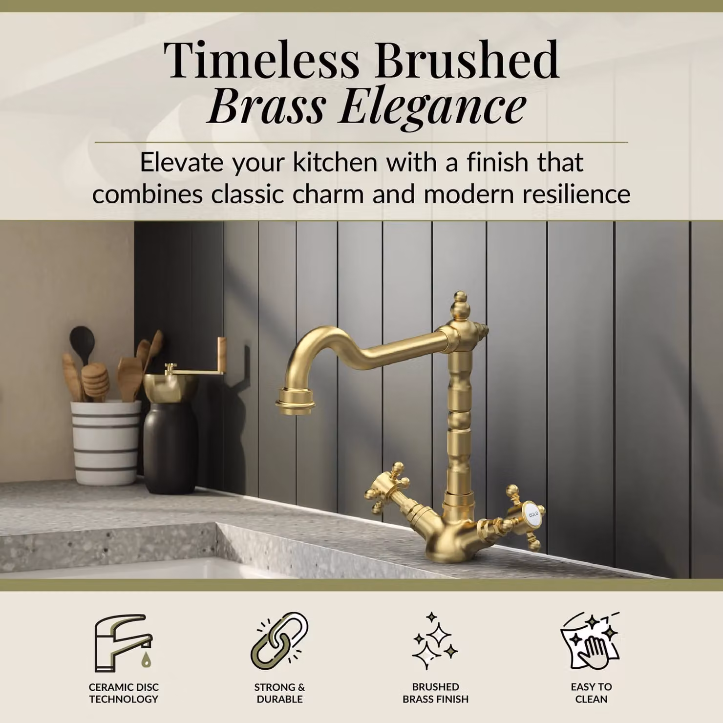 Balterley Traditional French Classic Kitchen Sink Mono Mixer Tap in Brushed Brass with Two Handles and Swivel Spout, H: 28.7 cm, W: 16.5 cm, D: 24.5 cm – 4