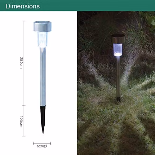 GardenKraft Set of 10 Solar Stake Bollard Lights with White LED and Stainless Steel Finish – 3
