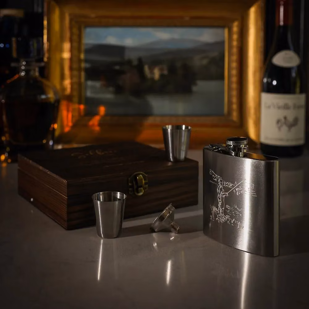 Selbrae House Hip Flask and Shot Glass Set in Brown and Silver Stainless Steel – 3