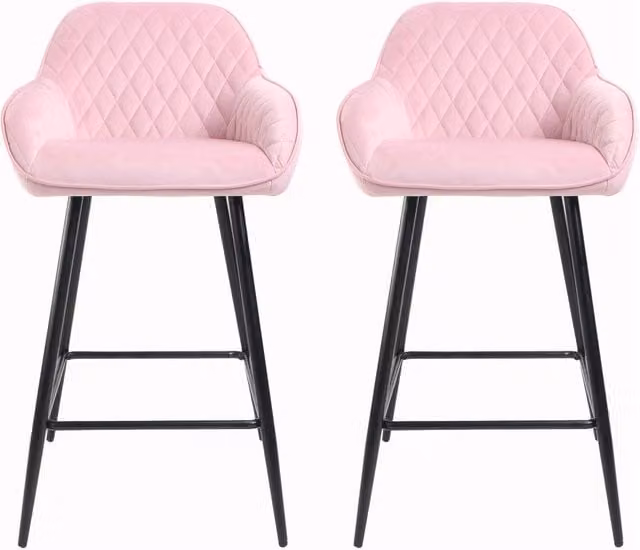 Neo Set of 2 Pink Crushed Velvet Breakfast Bar Stools with Metal Legs