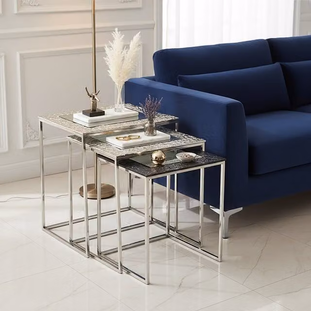 Orsina Luxe Set of 3 Rectangular Nesting Tables with Glass Tops and Silver Finish