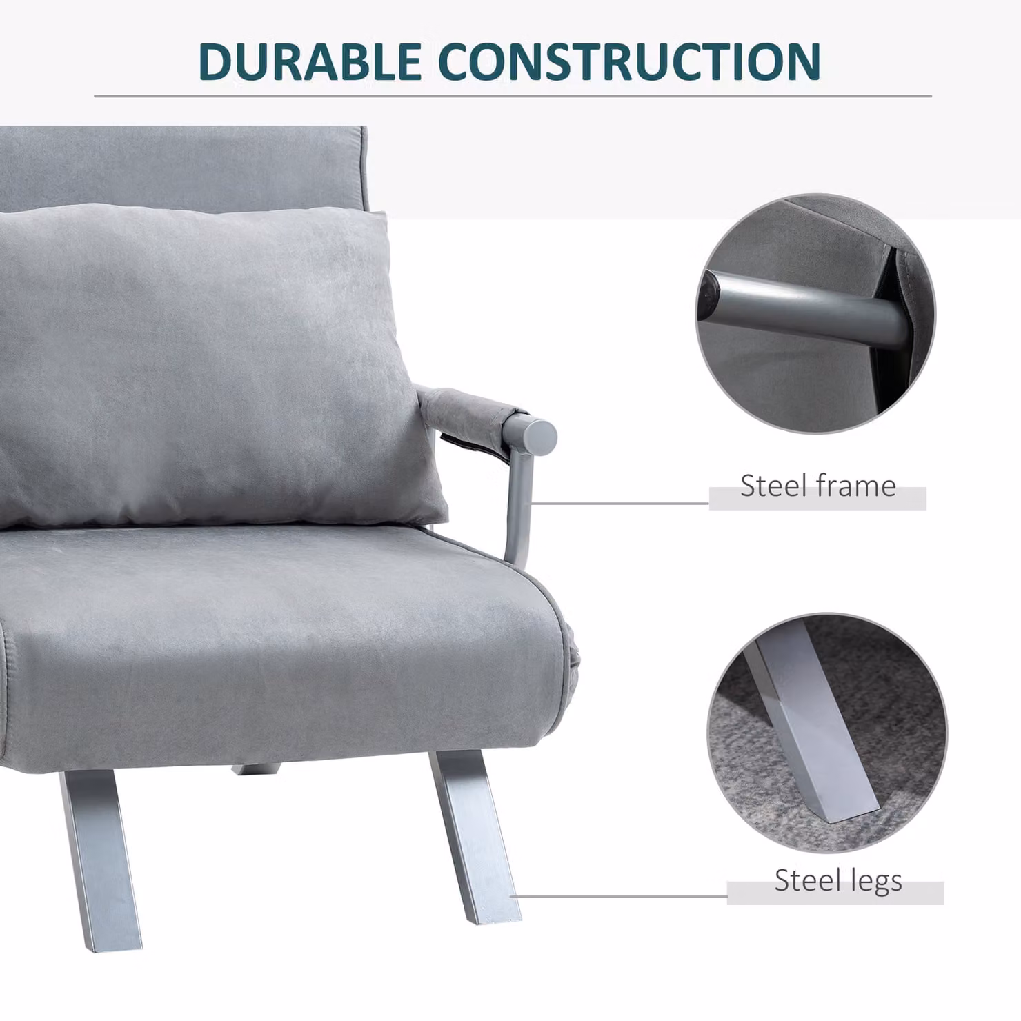 HOMCOM 2-in-1 Single Sofa Bed Sleeper, Foldable Microfibre Armchair Lounge Couch with Pillow in Light Grey – 4