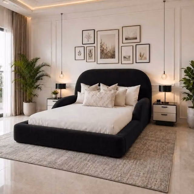 Abstract Haven Ottoman Storage Bed with Headboard by K Mehmood Enterprise Ltd in Black Fabric