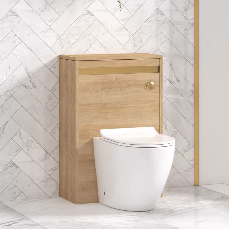 Royal Bathrooms Orion Natural Oak Wall Mounted WC Unit with Elva Rimless Ceramic Toilet Pan, Slim Soft Close Seat and Cistern with Brushed Brass Accent Trim, Width: 54 cm