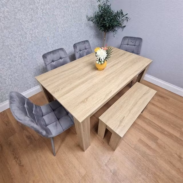 Kosy Koala Brown Oak Effect Dining Set with 4 Grey Velvet Chairs and Bench