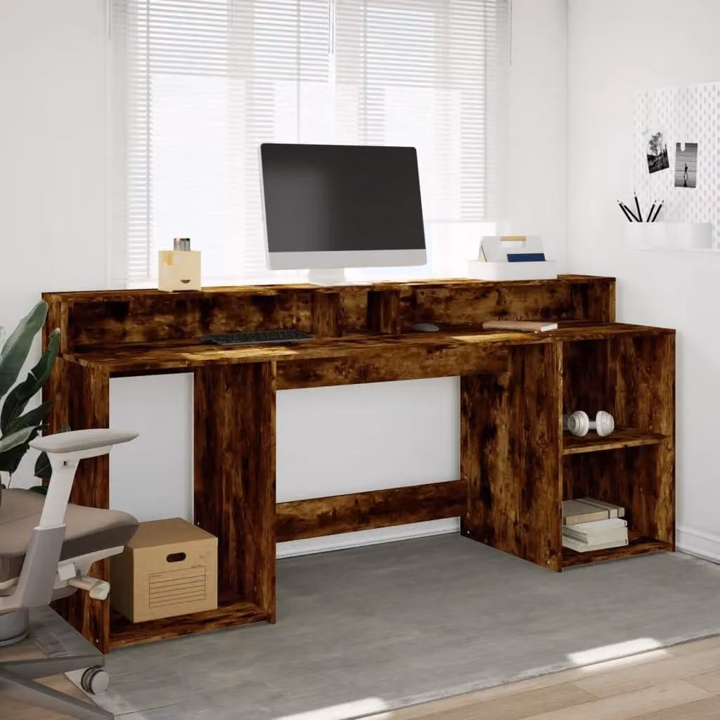 Berkfield Home Gaming Desk with LED Lights in Smoked Oak Brown, W/D/H: 200 x 55 x 91 cm – 4