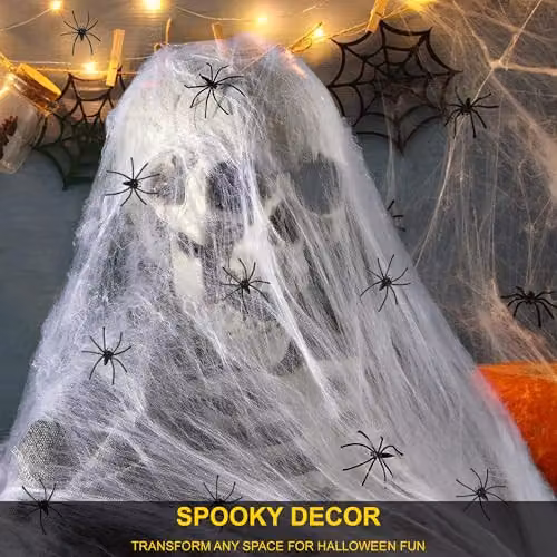 Shatchi 40 Pack White Stretchable Halloween Spider Web Decoration with 4 Spiders – 2