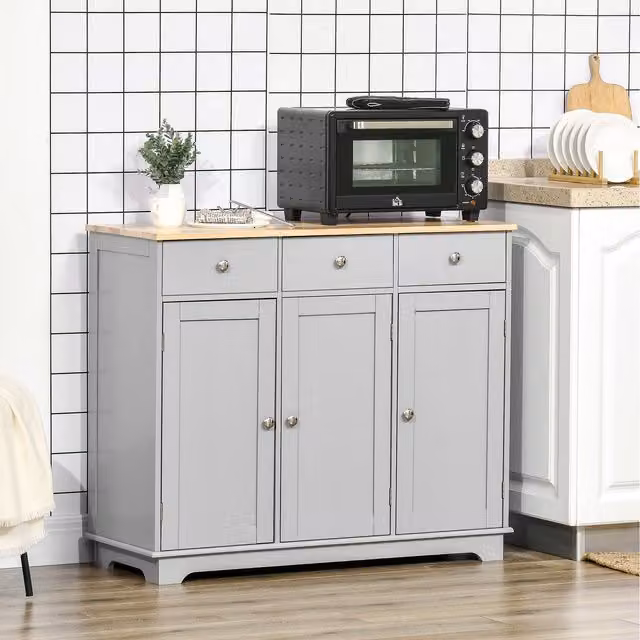 HOMCOM Grey Rubberwood Top Sideboard and Buffet Cabinet with Storage Cabinets