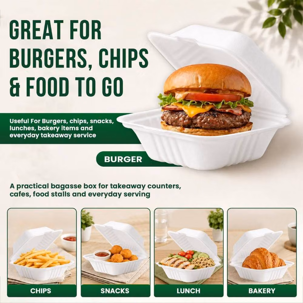 ECONX White Bagasse Clamshell Takeaway Burger Boxes, 100 Pack, W/D/H: 15.24 x 15.24 x 15.24 cm – 2