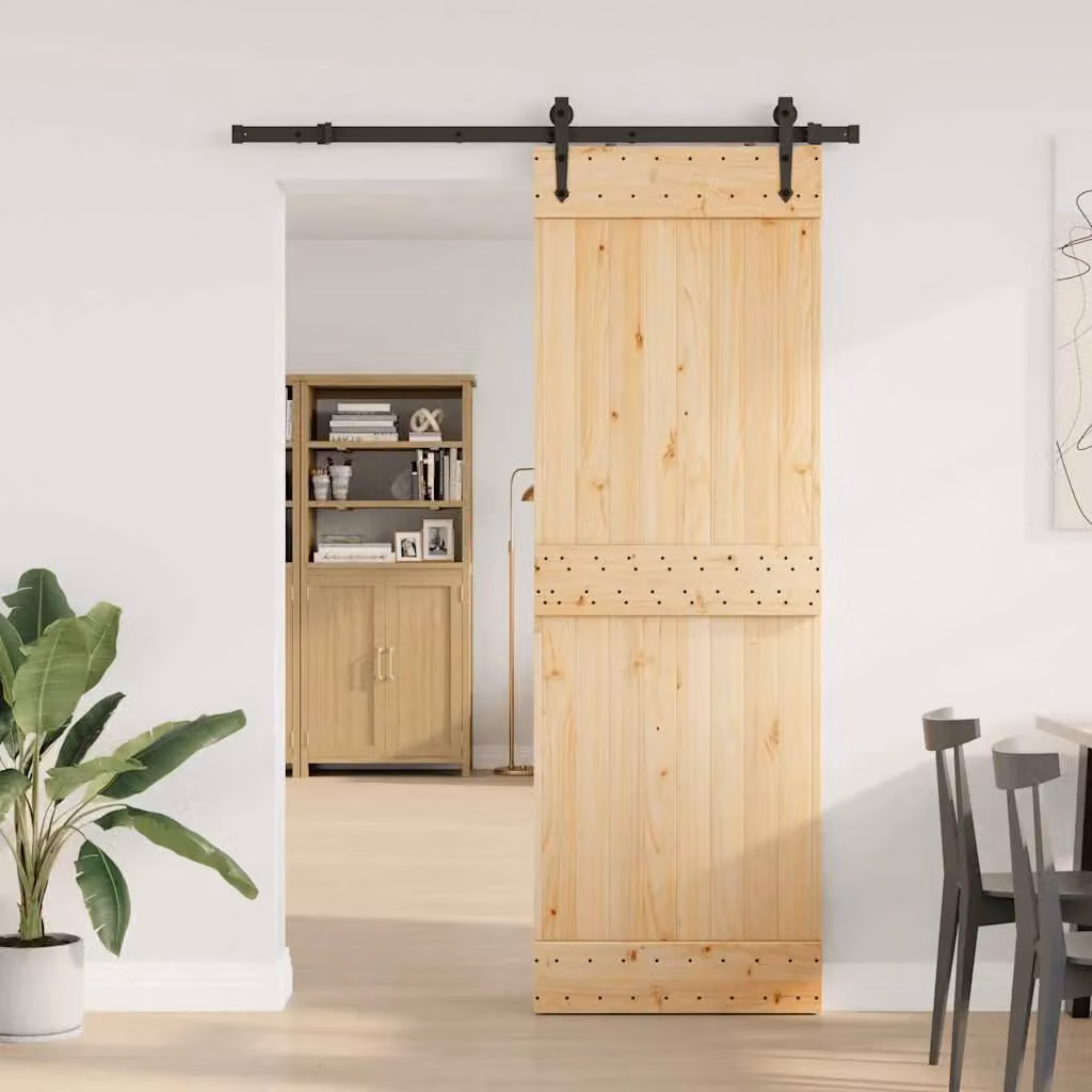 Berkfield Home Modern Sliding Door with Hardware Set, Solid Wood and Steel, Brown, W: 80 cm, H: 210 cm – 1