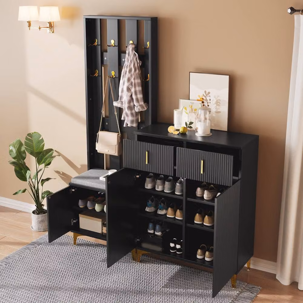 Rolipo Black Modern Wardrobe Set with Shoe Bench and Gold Hooks – 4