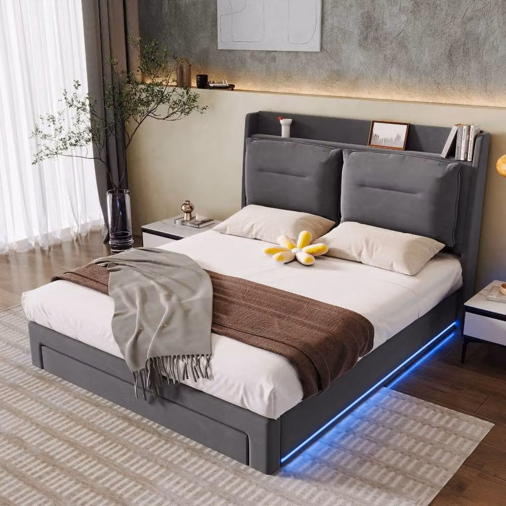 Rolipo Grey Velvet Upholstered King Size Bed with Under-Bed LED Lighting and Lift-Up Storage W/D/H: 180 x 200 cm – 5