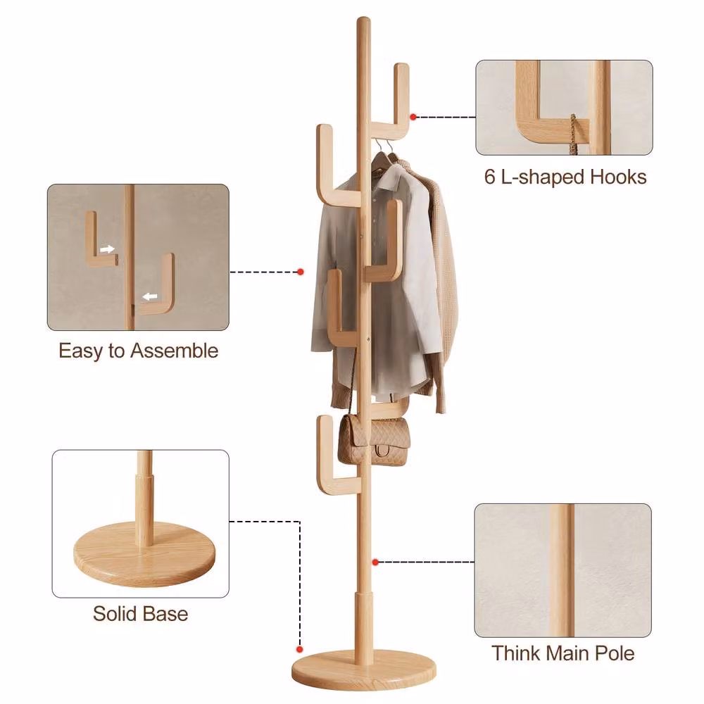YQJJGL Solid Wood Freestanding Coat Tree with Hooks in Natural Brown and Beige, H 180 x W 40 x D 40 cm – 2