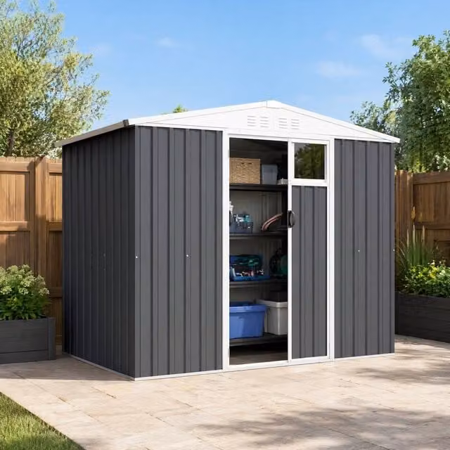 STILVORA Galvanised Steel Garden Shed with Double Doors and Window in Dark Grey, W/D/H: 246 x 121.92 x 216 cm