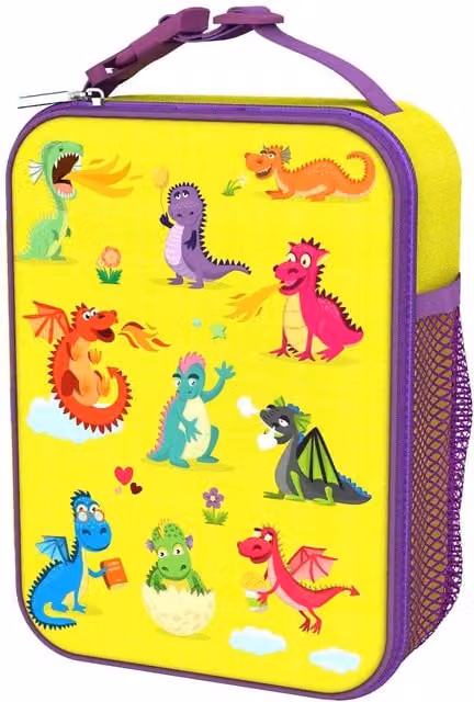 ION8 Insulated Medium Lunch Bag in Yellow and Multicolour Dragons, Width: 9.0 cm