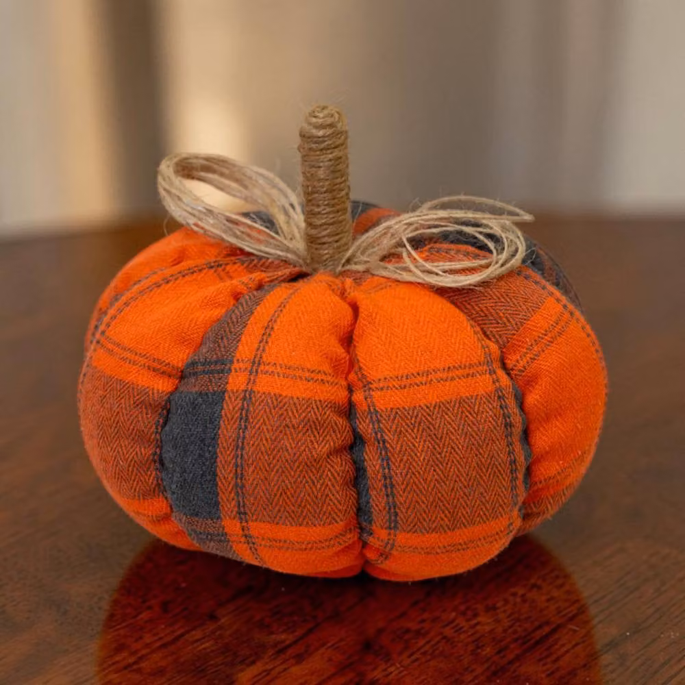 Four Candle Orange Checked Tartan Fabric Pumpkin Autumn Tabletop Decoration, Height: 15 cm – 2