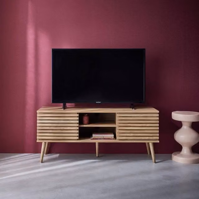 Sweekeec Scandinavian TV Unit with 2 Grooved Doors in Light Brown, W: 120 cm, H: 51.5 cm, D: 39 cm – 1
