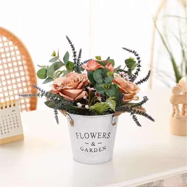 Livingandhome Rustic Orange and Green Artificial Rose Potted Floral Tabletop Decor