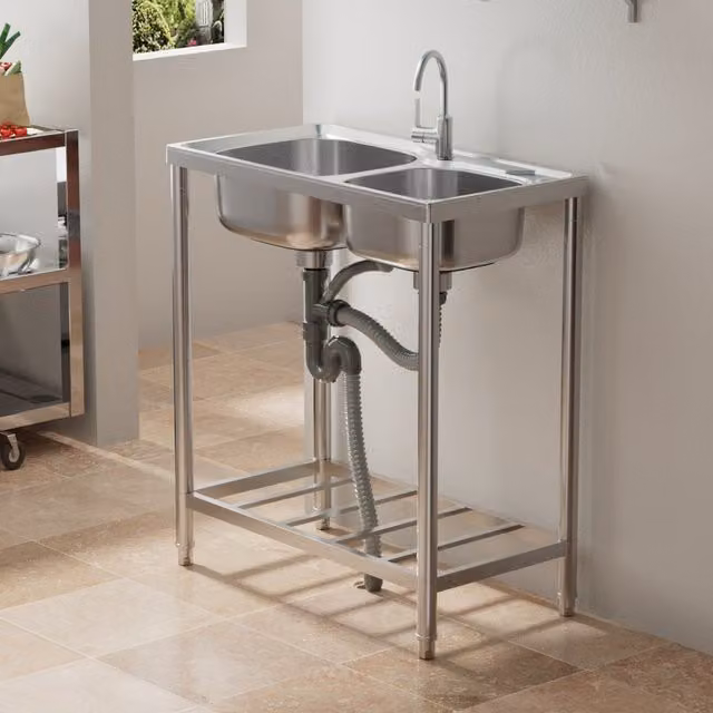 Livingandhome Freestanding Stainless Steel Double Sink with Two Different Sized Bowls in Silver