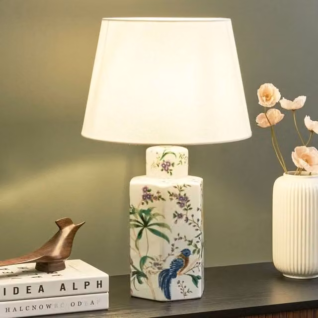 Wyld and Coco White Ceramic Table Lamp with Fabric Cylinder Shade – 1