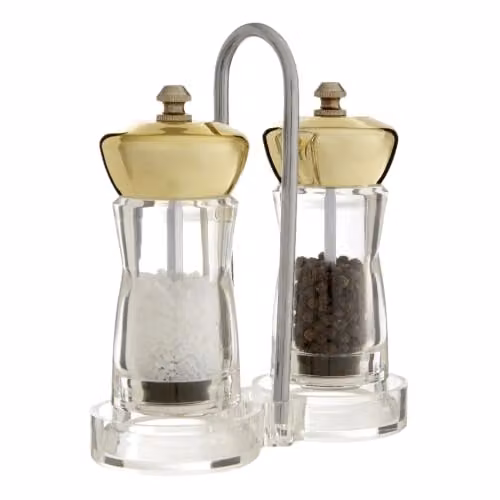 Orsina Gold and Transparent Acrylic Salt and Pepper Mill Set with Stand and Ceramic Mechanisms