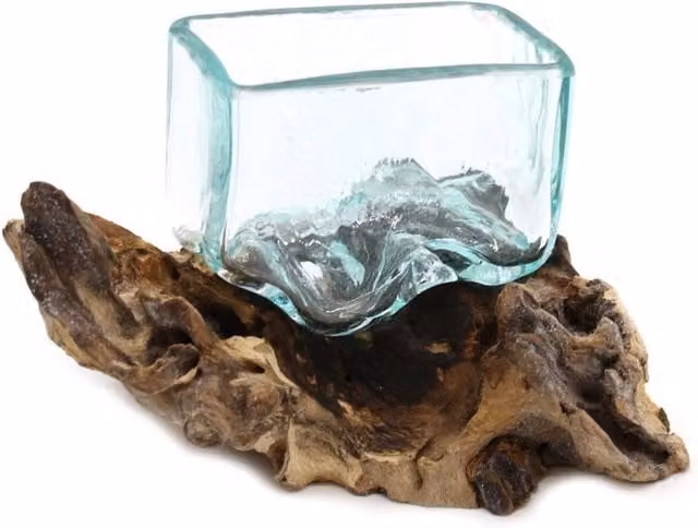 KDMD Molten Glass Bowl with Wood Stand in Turquoise