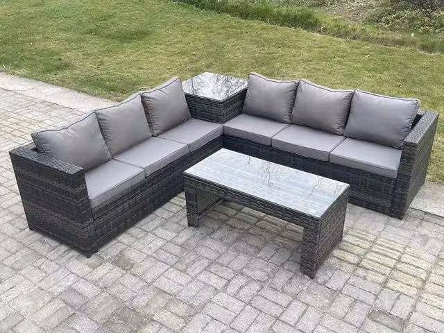 Fimous 6 Seater Rattan Corner Sofa Set with Square Side Table and Oblong Coffee Table in Dark Grey