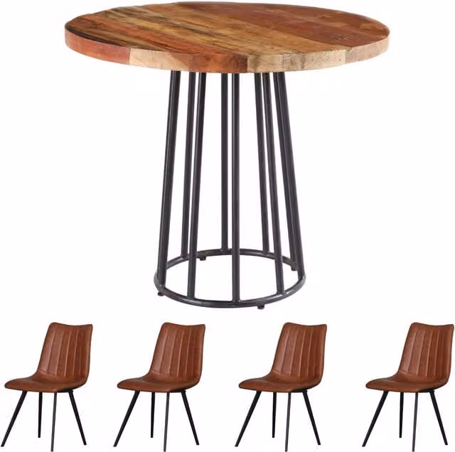 IH Design Modern Round Wood Dining Table and 4 Chairs Set in Brown and Multicolour