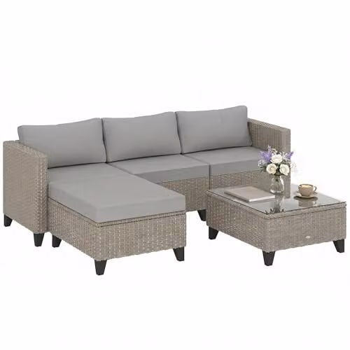 Outsunny 5-Piece L-Shape Rattan Garden Furniture Set with Ottoman and Coffee Table in Grey and Brown