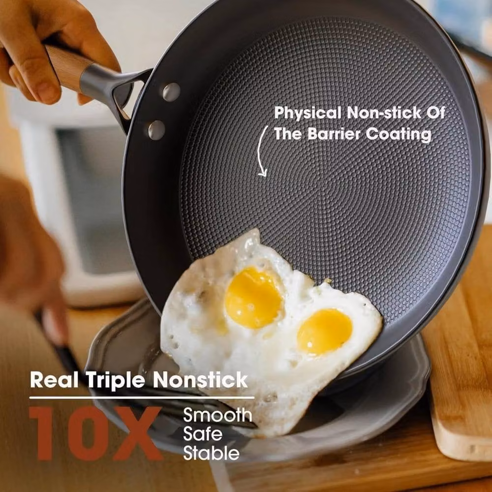 EONLION Non-Stick Cast Iron Frying Pan with Wooden Handle, Black, 20 cm