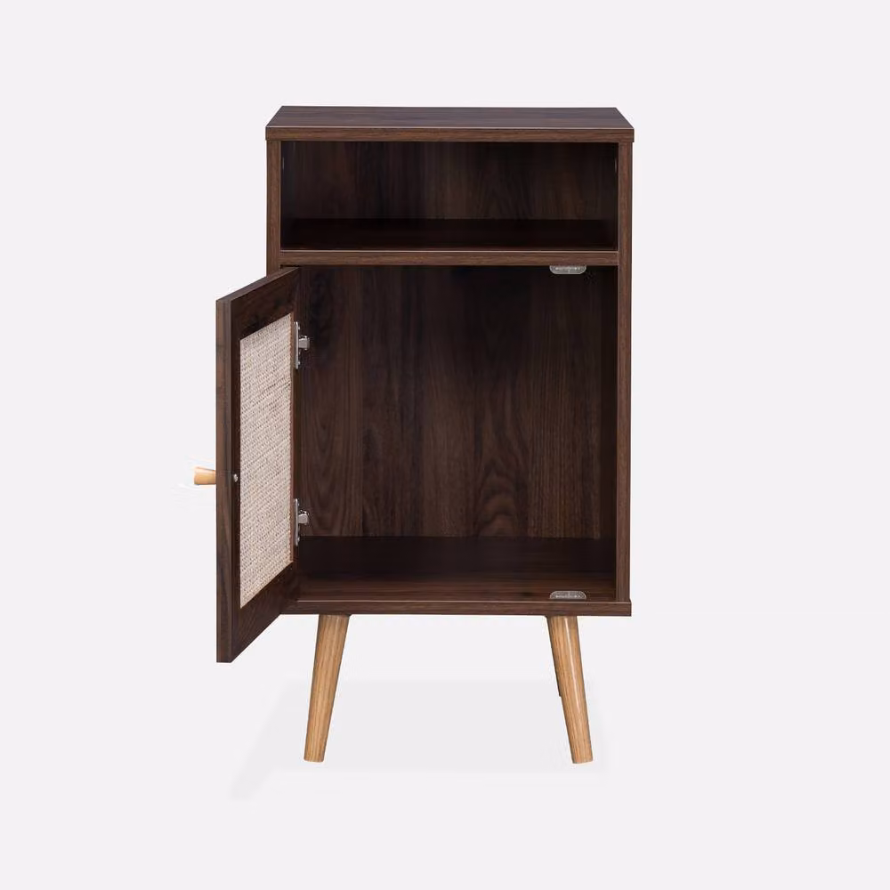 sweeek Scandi-style Bedside Table with Drawer in Dark Brown with Rattan Detail – 3