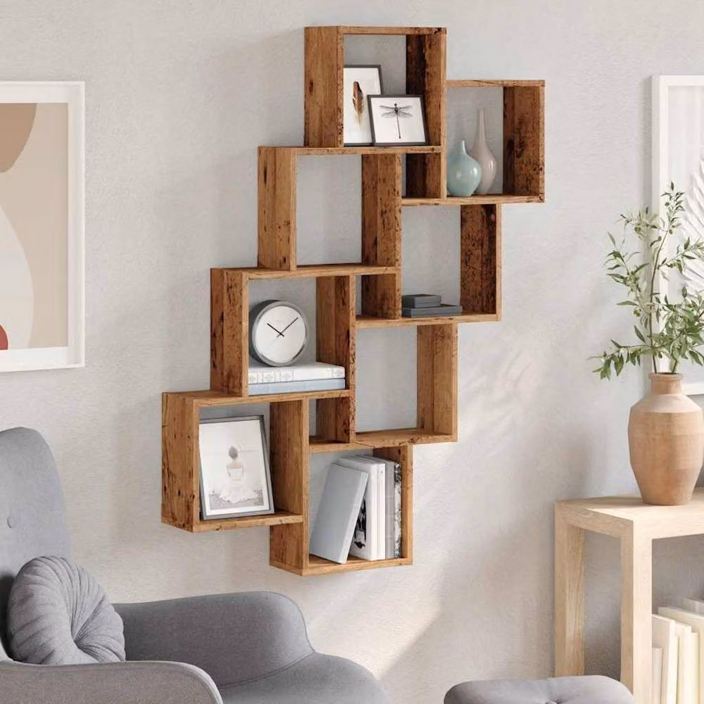 Berkfield Home Wall Mounted Cube Shelf in Brown Old Wood, W/D/H: 90 x 15 x 119.5 cm – 3